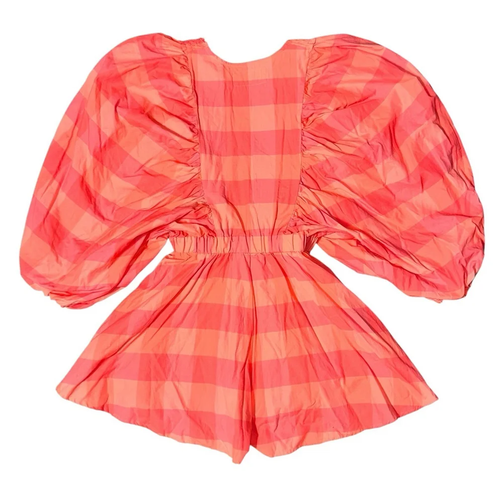 Sundress Revolve Alicia V Neck Puff Sleeve Big Gingham Neon Coral Romper XS/S